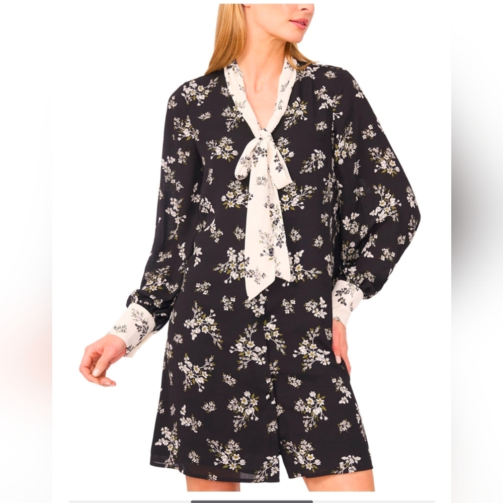NWT CeCe Womens M Floral High Tie Neck Long Sleeve Button Down Shift Dress New